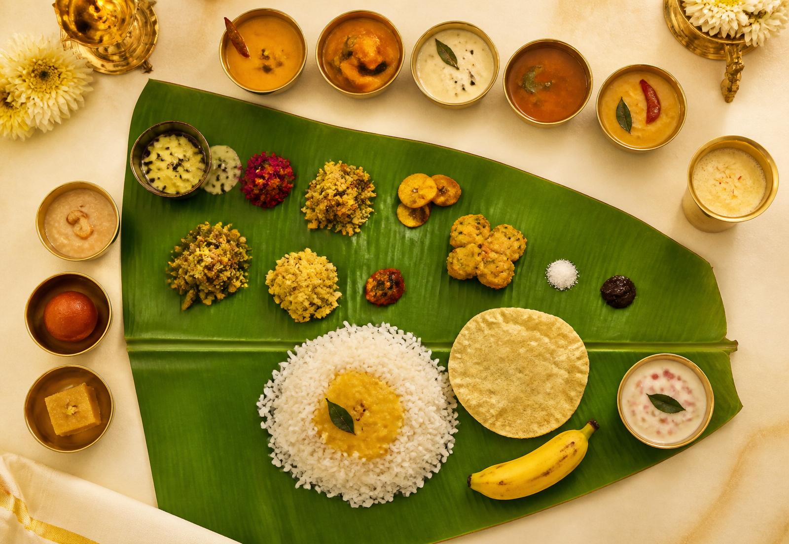 South Indian banana leaf feast with brass bowls